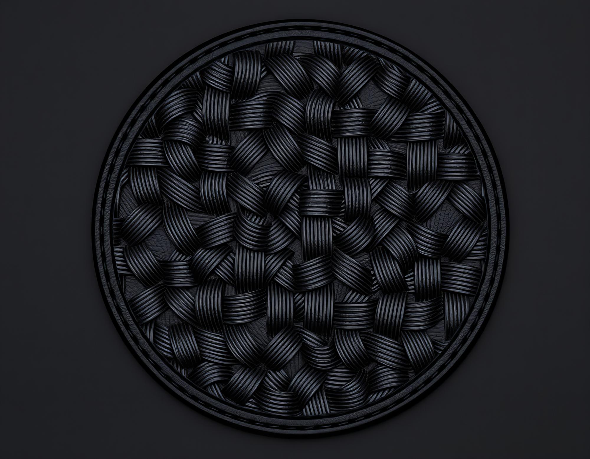 Detail of geometric embroidered patch on black canvas